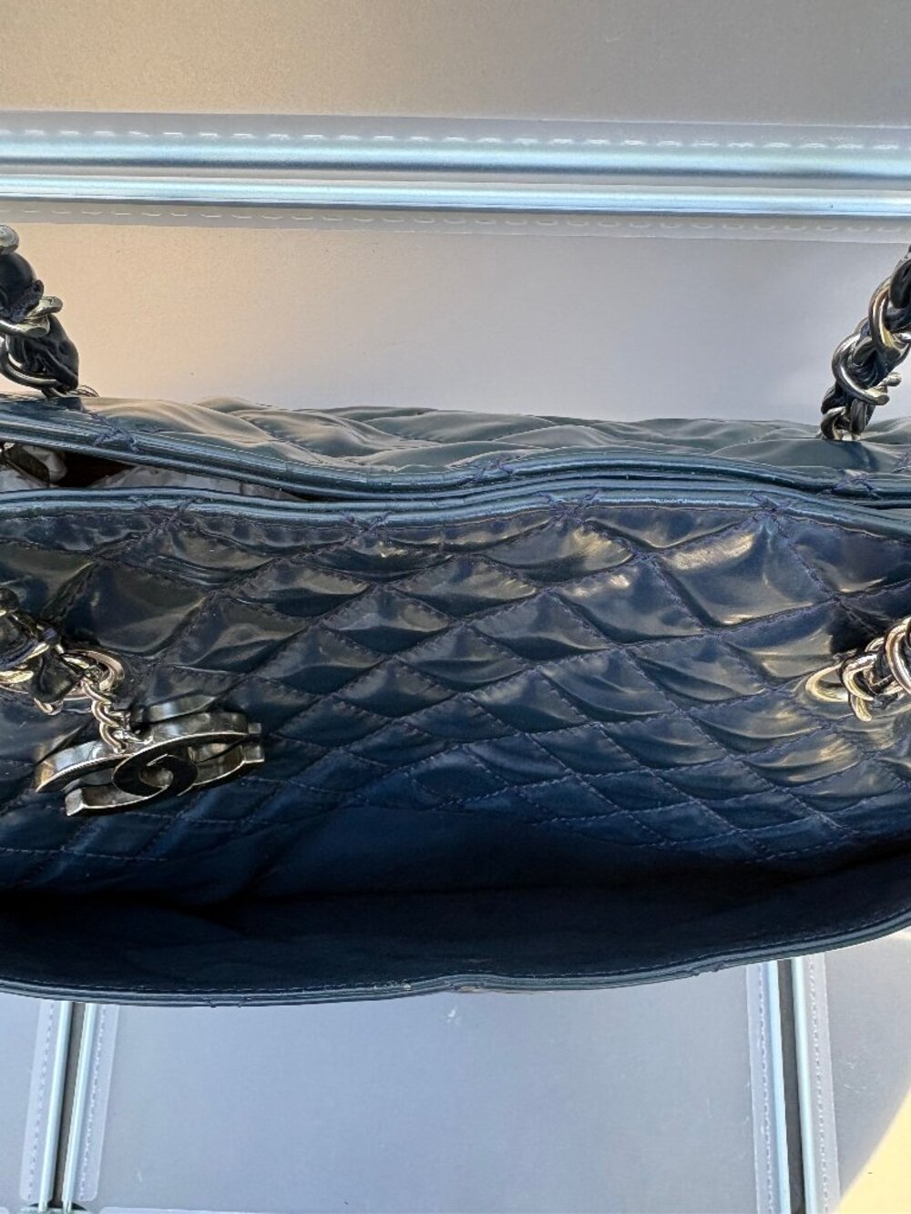 CHANEL Navy Blue Quilted Patent Leather Tote Bag Silver Chain Shoulder Bag - Picture 2 of 16